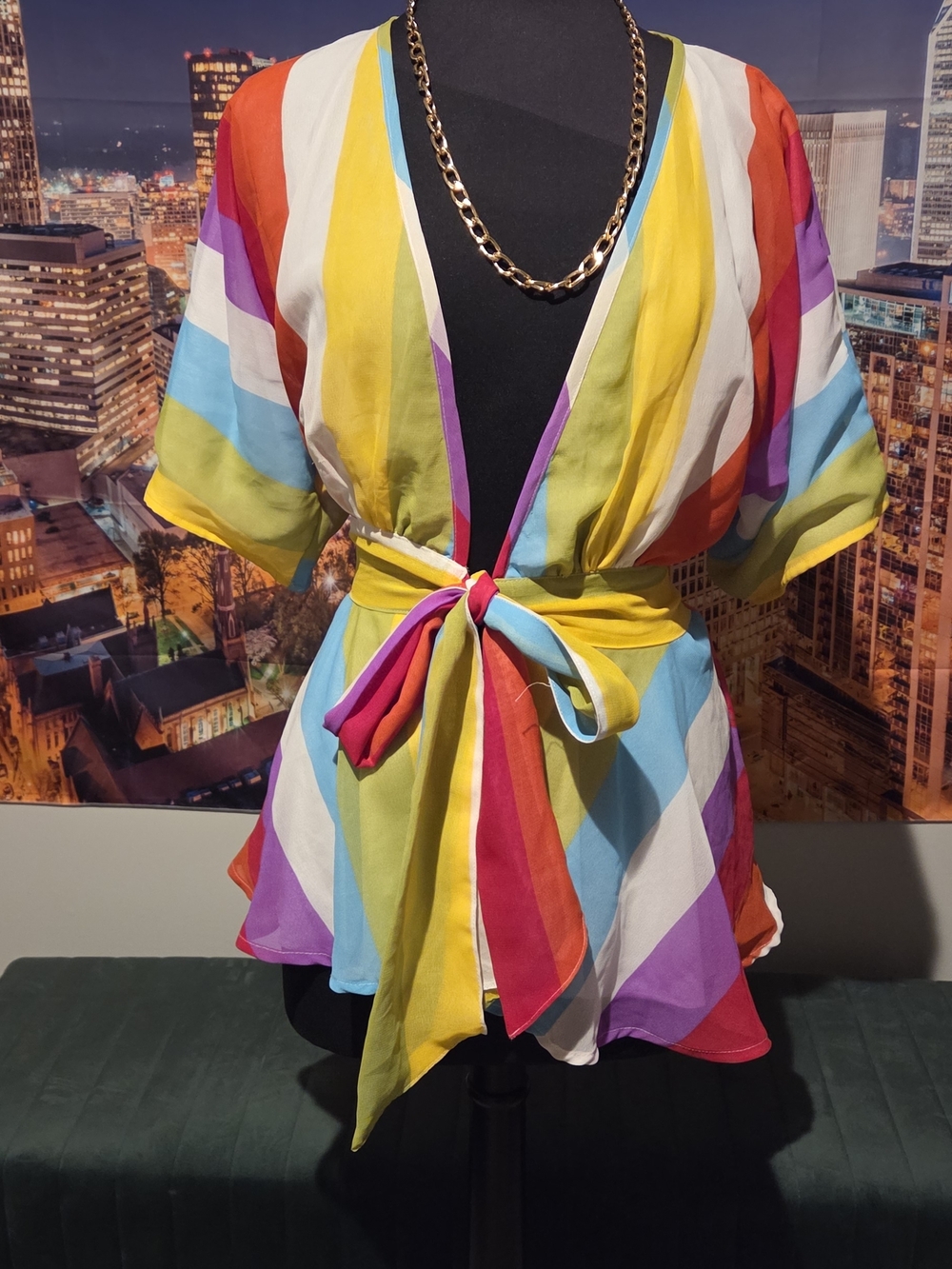 Rainbow Stripe Tie-Waist Women’s Top - Yellow Multi